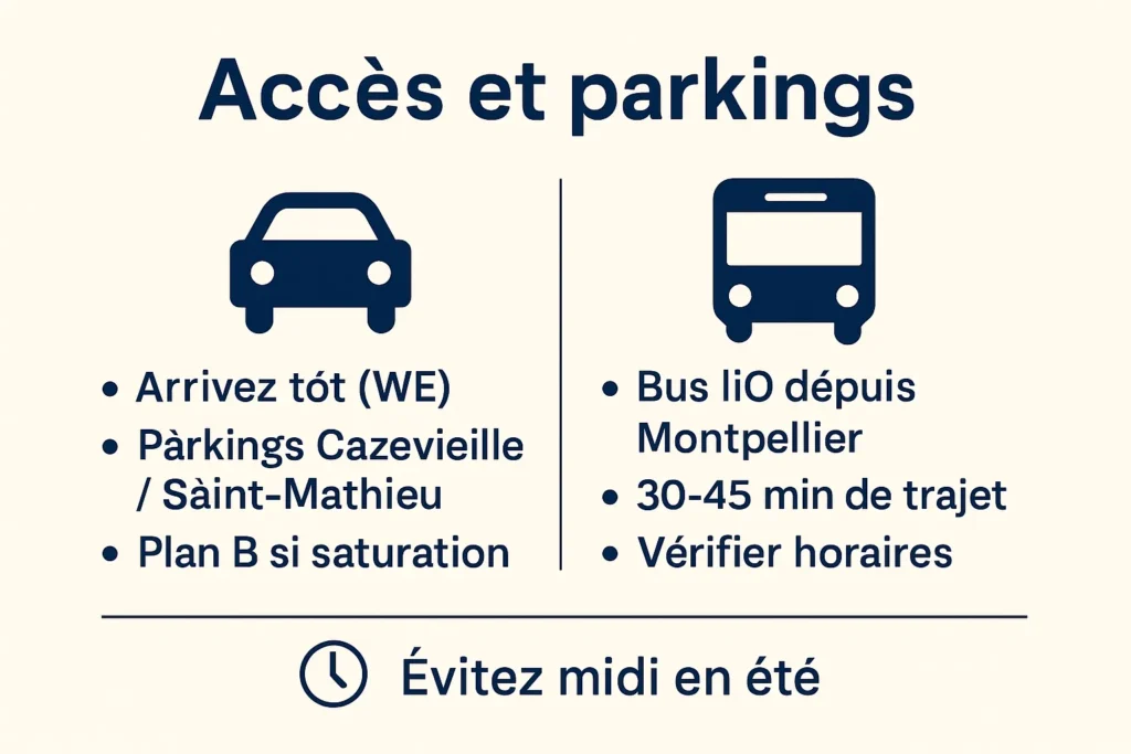 Schéma des accès, parkings et bus depuis Montpellier