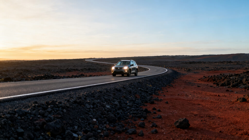 Route sur la Plaine des Sables au petit matin