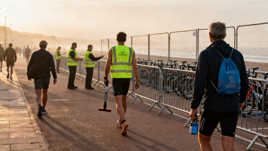Accès T1 et T2 avec barrières et spectateurs en bord de mer