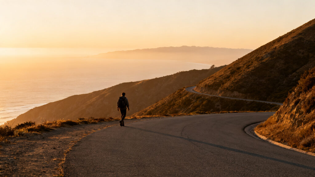 Route de crête menant au sommet au coucher du soleil