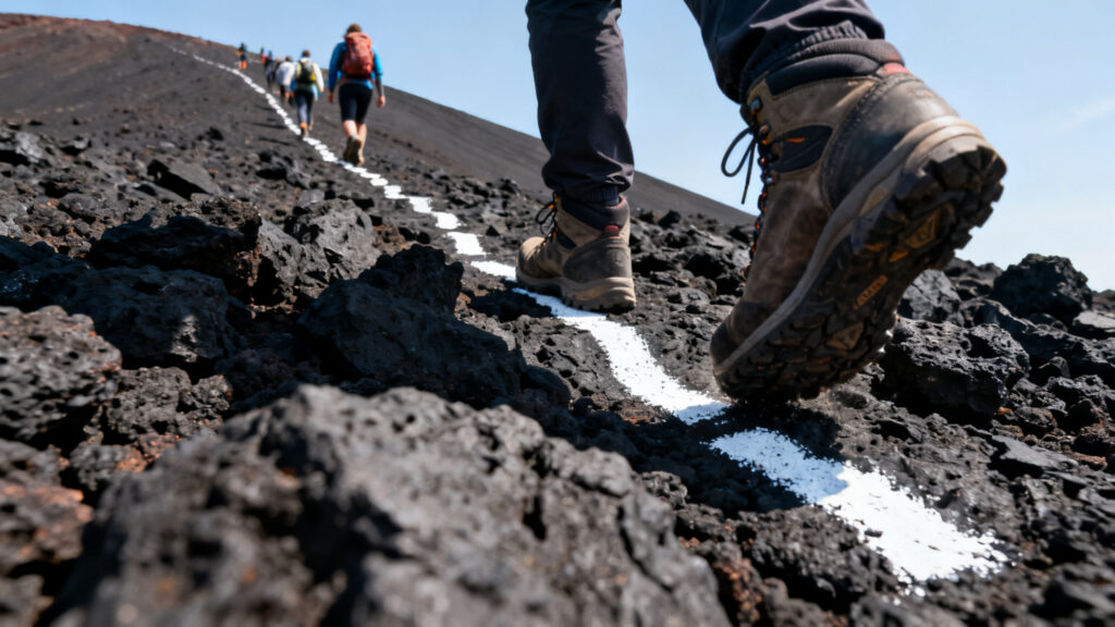 Balisage blanc sur lave noire et randonneurs équipés