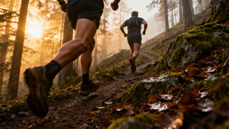 Coureurs sur sentier forestier du black mountain trail au lever du jour