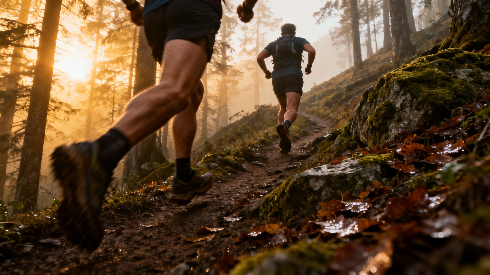 Coureurs sur sentier forestier du black mountain trail au lever du jour