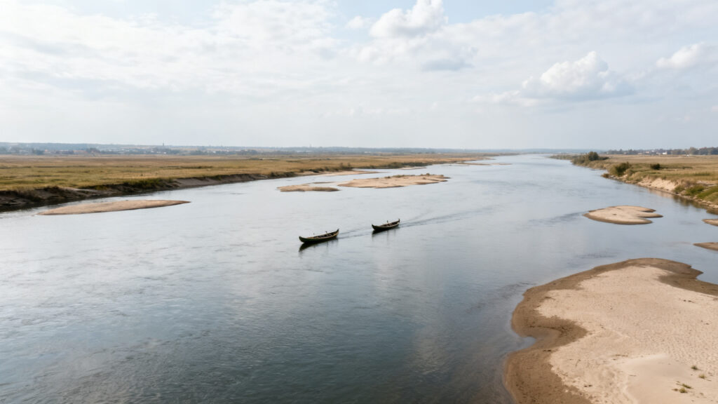 Large paysage ligérien avec canoës et îlots sableux