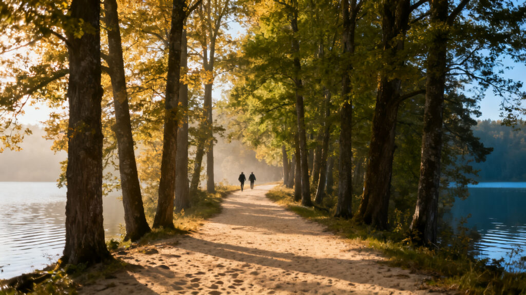 Allée sablonneuse bordée d’arbres près d’un lac