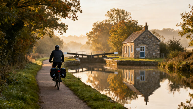 Cycliste sur le Canal de Bourgogne à vélo au lever du jour