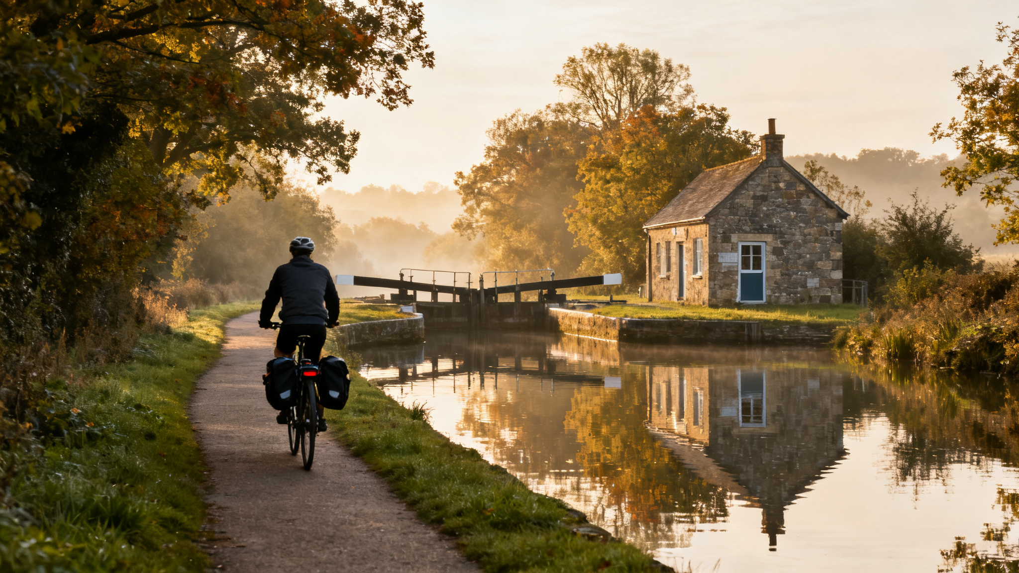Cycliste sur le Canal de Bourgogne à vélo au lever du jour