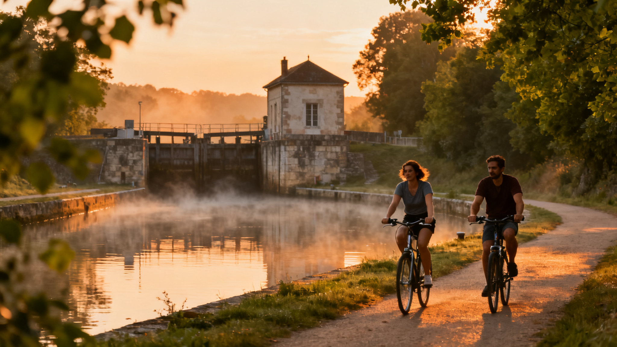 Cyclistes sur le canal du Nivernais à vélo au lever du jour