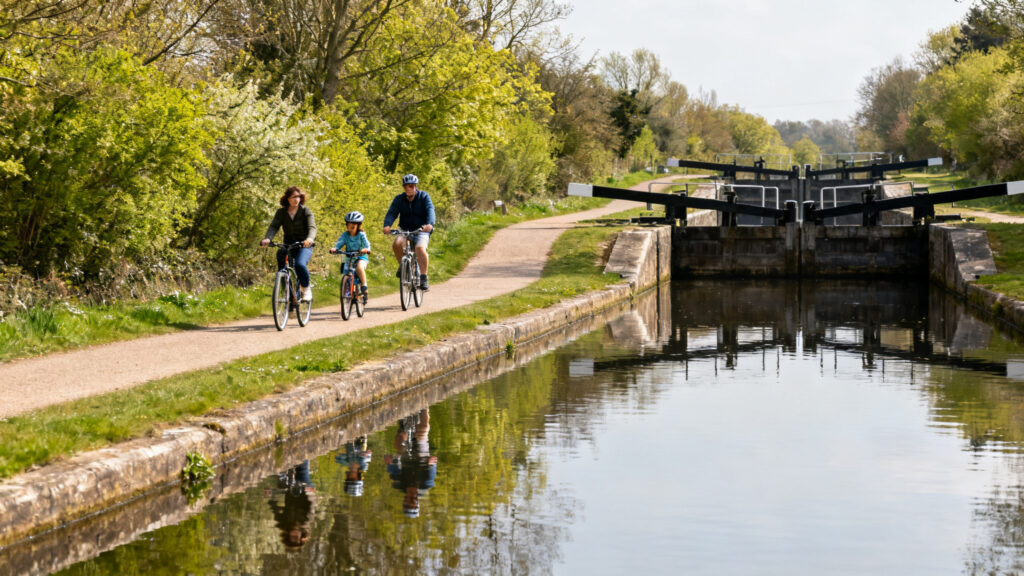 Famille à vélo le long des écluses sur chemin de halage