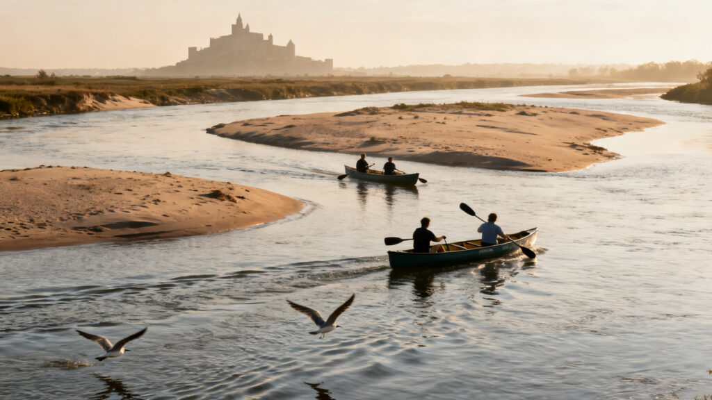 Canoë kayak Loire près d’îlots et silhouettes de château
