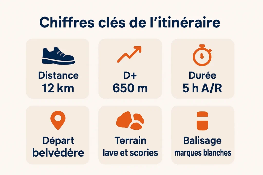 Résumé distance, dénivelé, durée, terrain et balisage