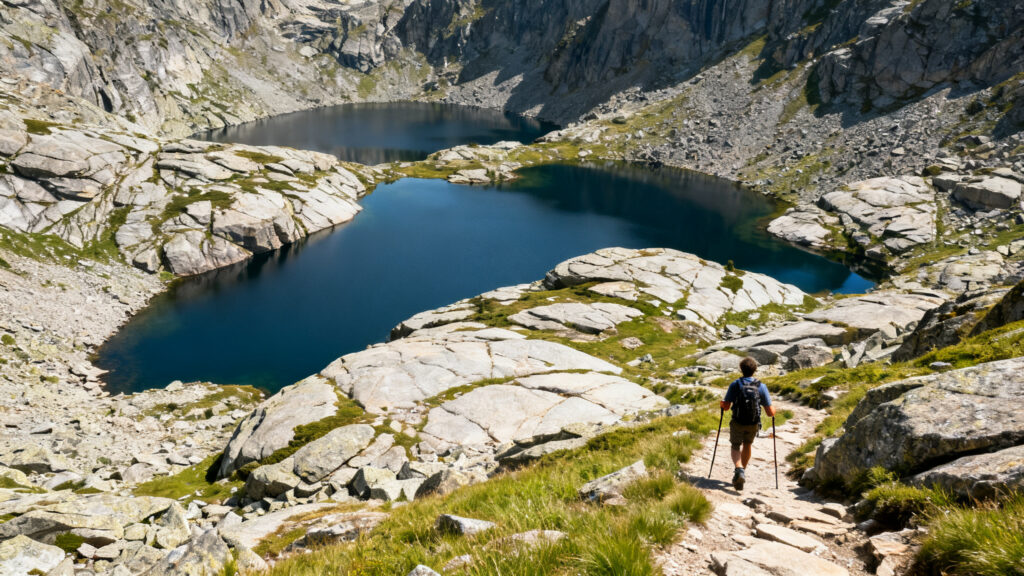 Randonneur sur dalles de granit face à des lacs suspendus de montagne