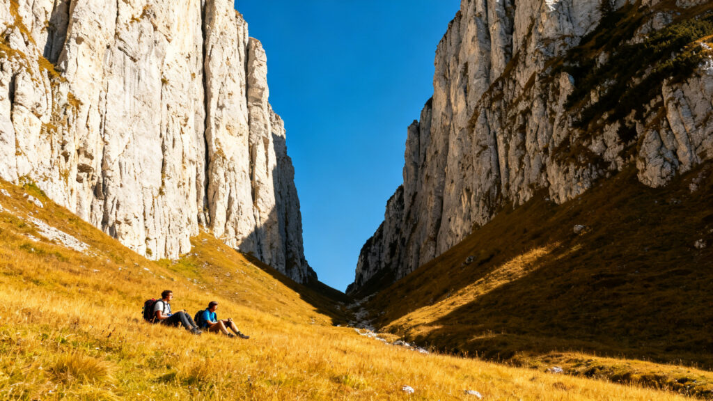 Col herbeux et falaises calcaires, panorama du massif