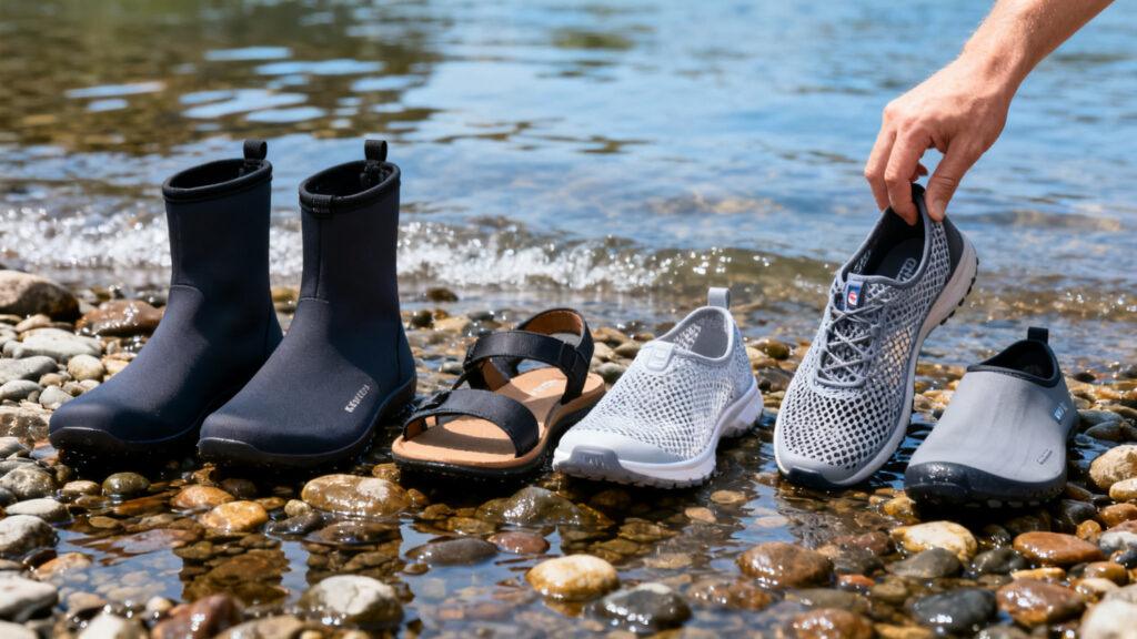 Chaussures aquatiques et chaussons néoprène sur berge caillouteuse