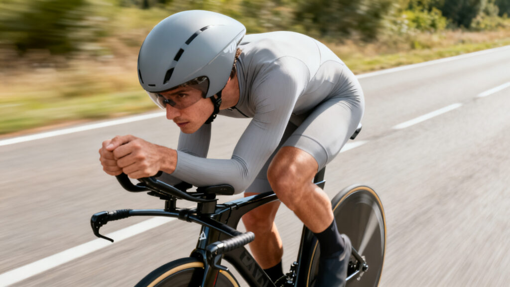 Coureur en contre-la-montre en position aérodynamique