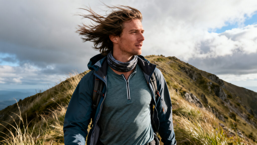 Veste coupe-vent respirante et tour de cou par vent en altitude.