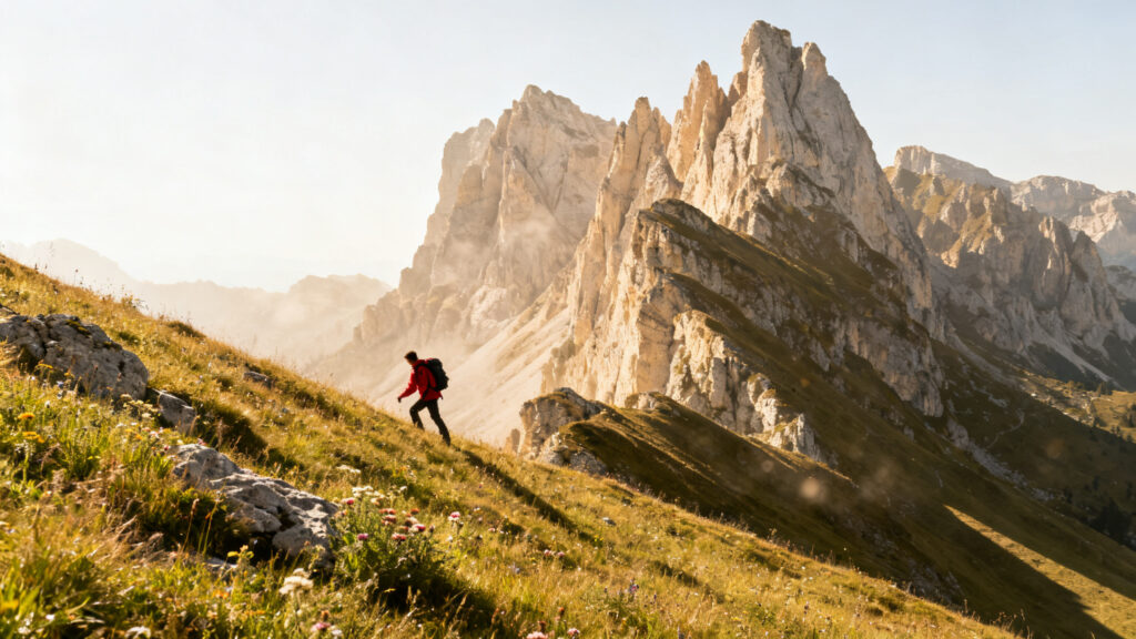 Randonneur montant vers des aiguilles calcaires au-dessus des alpages