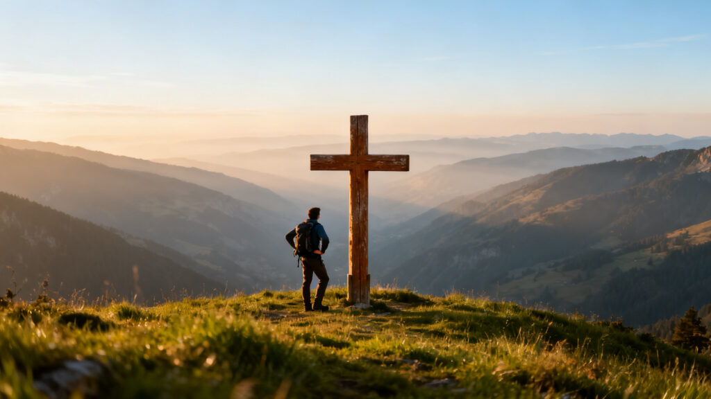 Croix sur belvédère au soleil couchant, panorama du massif