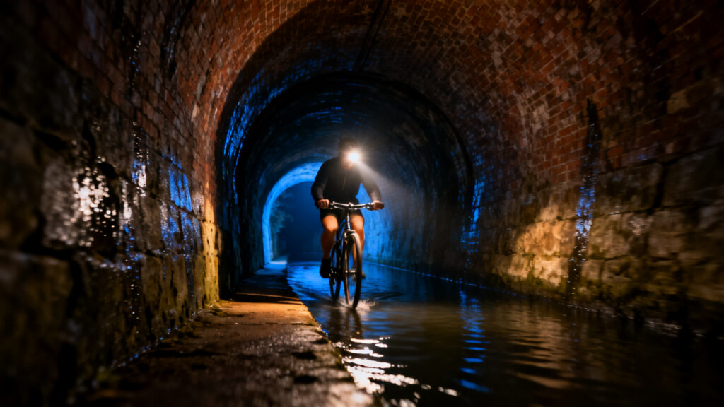 Cycliste avec éclairage entrant dans un tunnel du canal