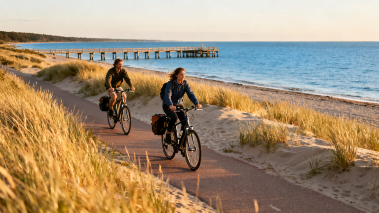 Cyclistes sur piste côtière au Danemark à vélo, lumière dorée