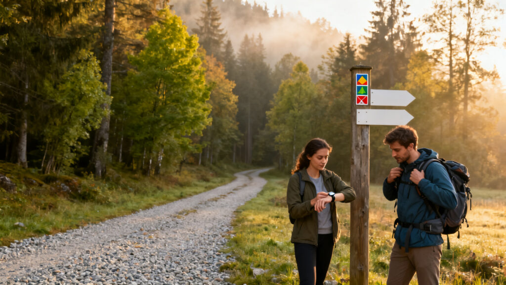 Poteau de balisage et départ de sentier en forêt