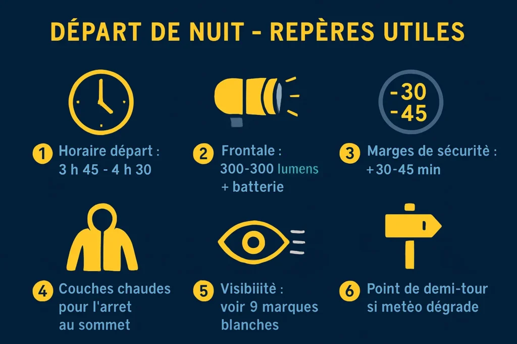 Conseils timing, frontale et sécurité pour départ de nuit