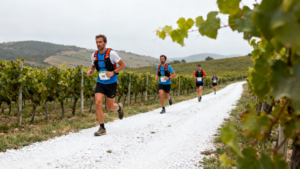 Coureurs sur chemins viticoles au départ de course