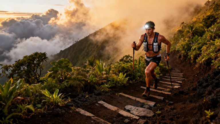 Coureur sur la Diagonale des Fous à l’aube, bâtons et gilet