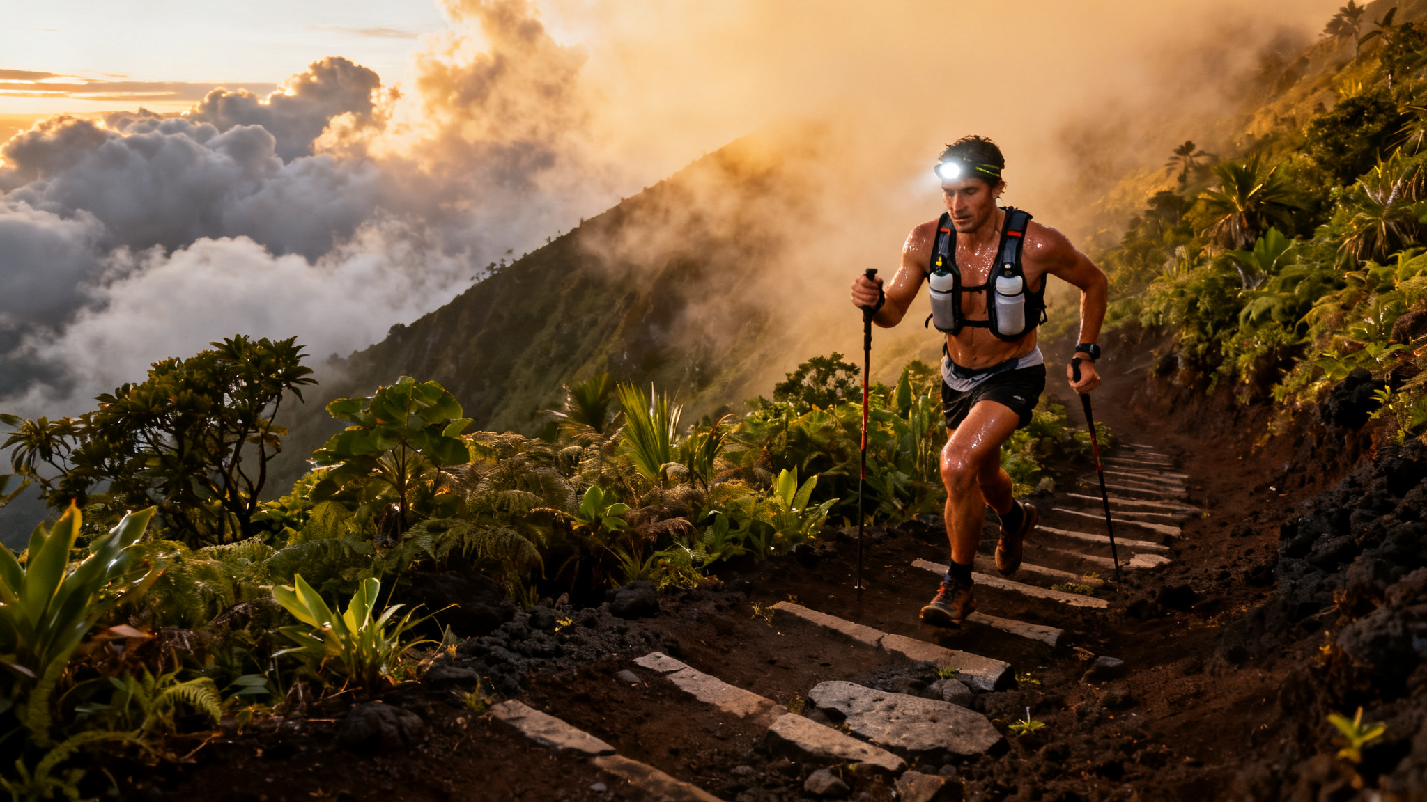 Coureur sur la Diagonale des Fous à l’aube, bâtons et gilet