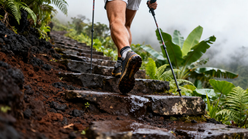 Marches irrégulières et coureur, terrain technique et D+ tropical