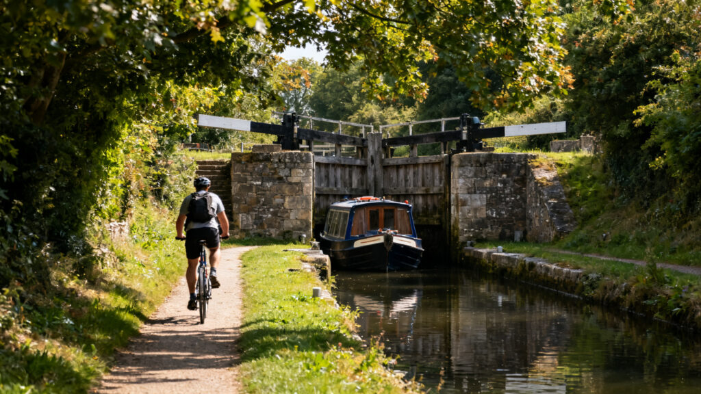 Vélo chargé longeant une écluse sur la voie verte du canal