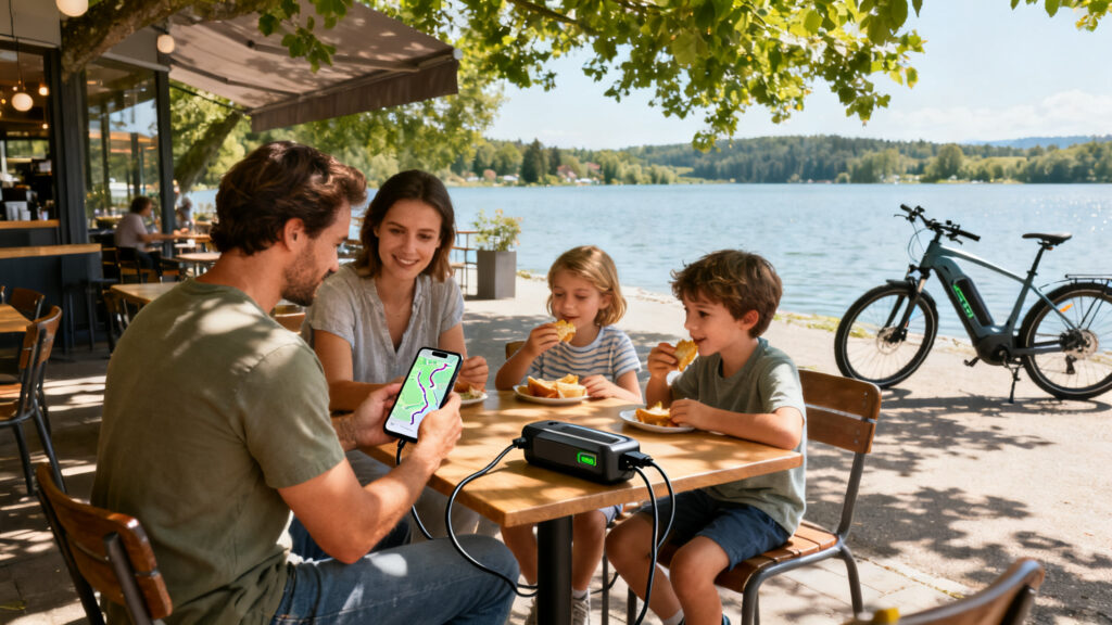 Famille en VAE en pause recharge et suivi GPX