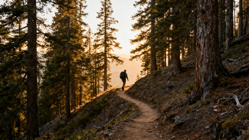 Randonneur sur sentier balcon en lisière de forêt au soleil couchant