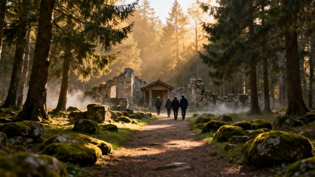 Sentier en forêt vers des vestiges, balade patrimoine vercors