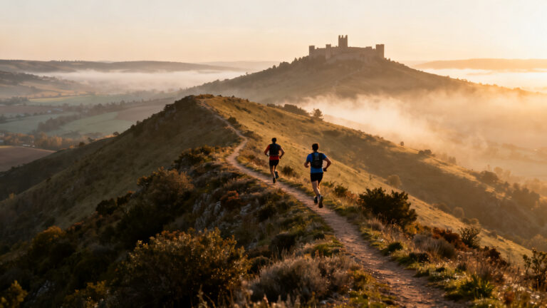 Coureurs du grand raid des cathares à l’aube sur crêtes