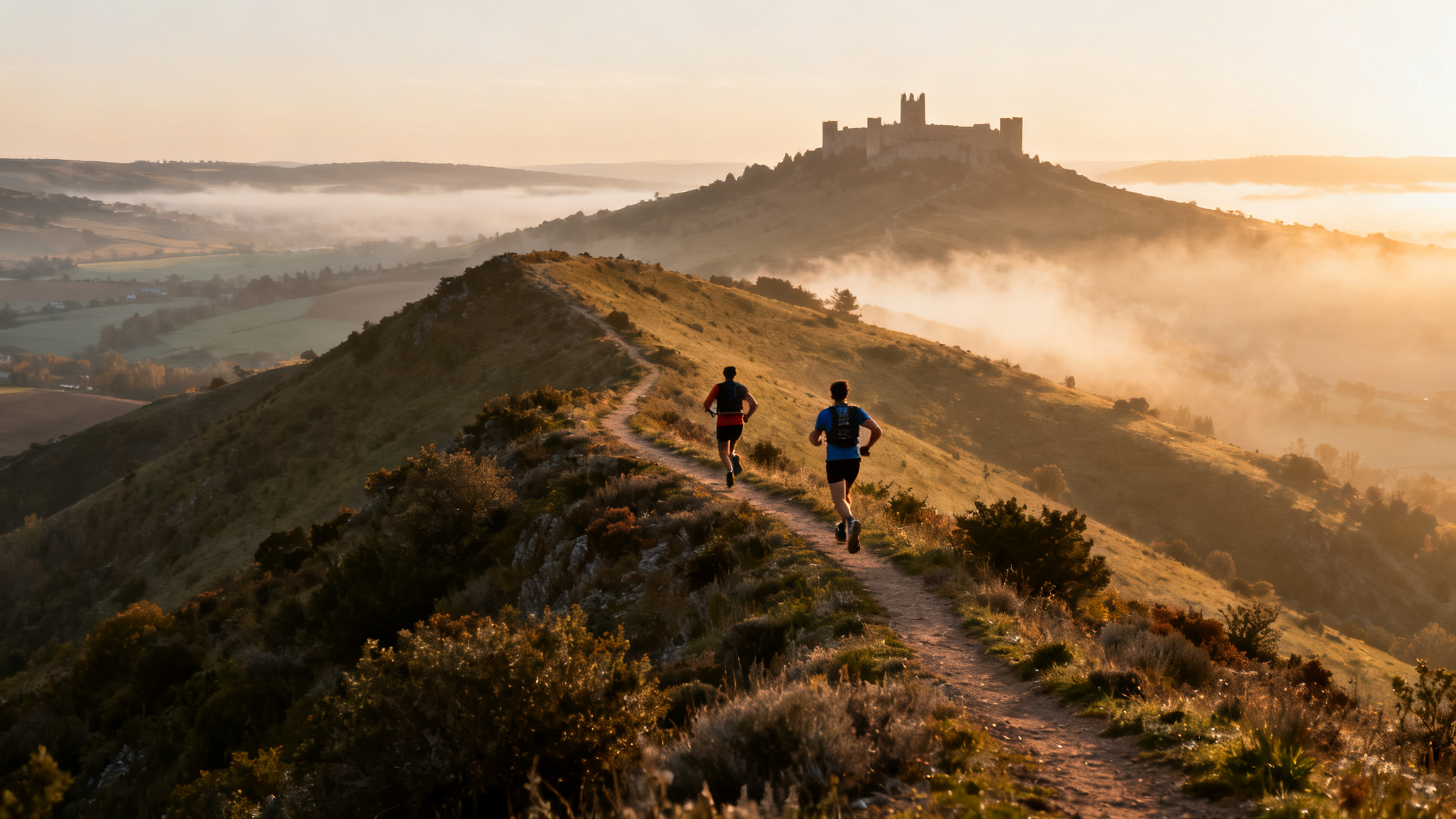 Coureurs du grand raid des cathares à l’aube sur crêtes