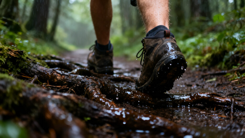 Chaussures franchissant des racines mouillées en forêt