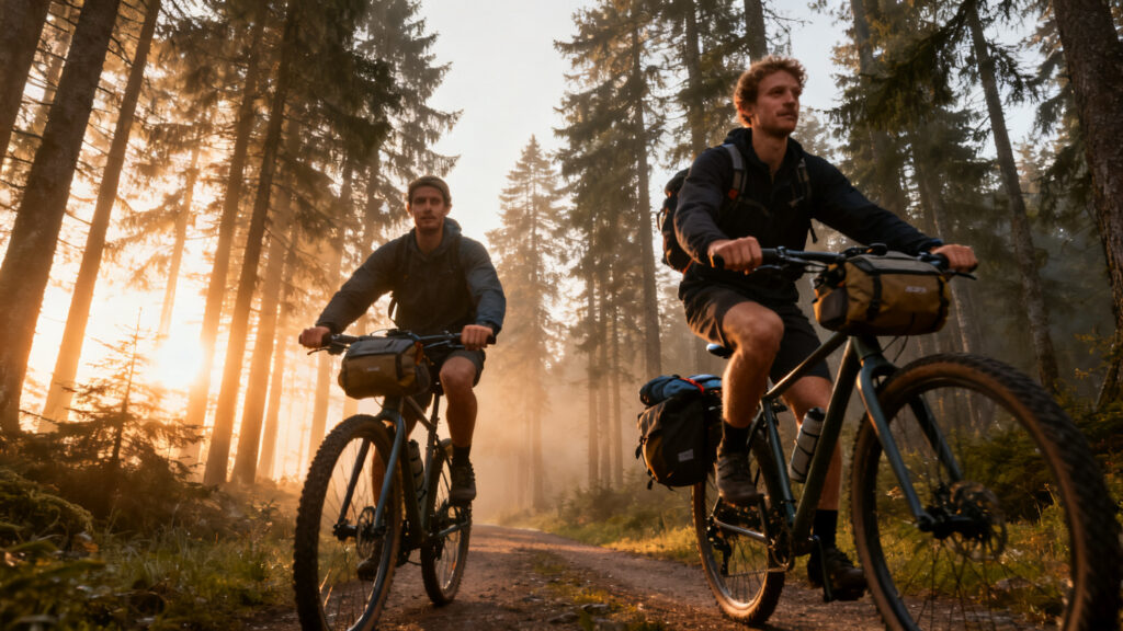 Duo en bikepacking sur la GTJ VTT en forêt