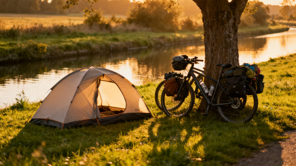 Tente et vélos au bord de l’eau, camping calme et économique