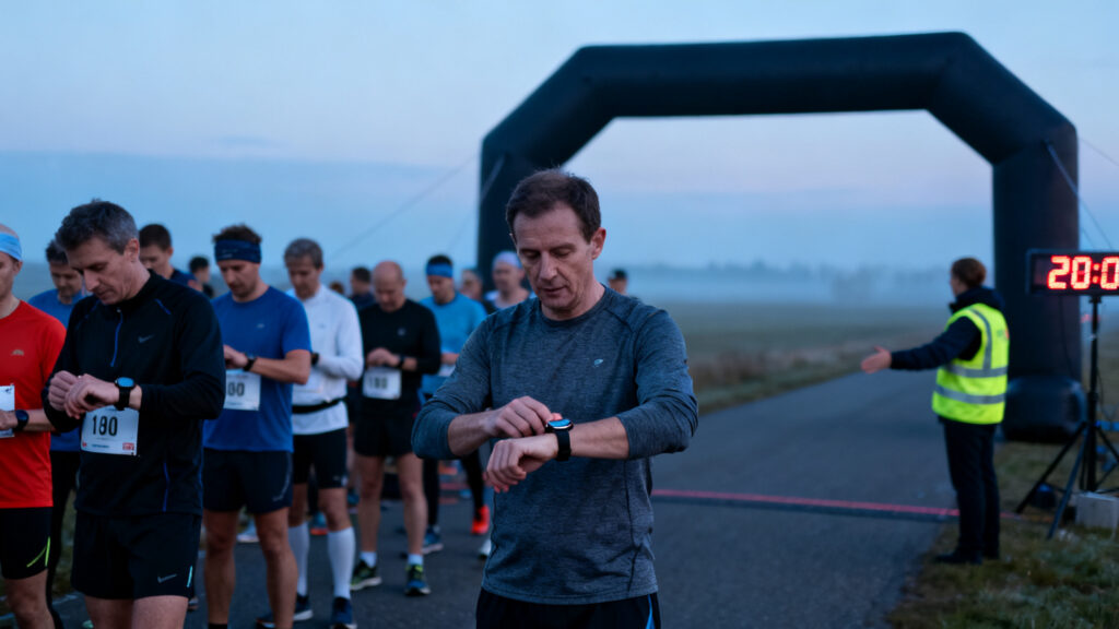 Coureurs vérifiant l’horaire de départ près des sas