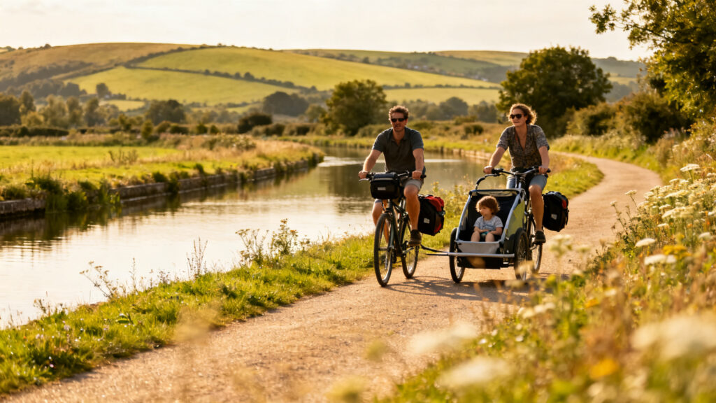Itinéraire familial à vélo sur une voie verte ombragée