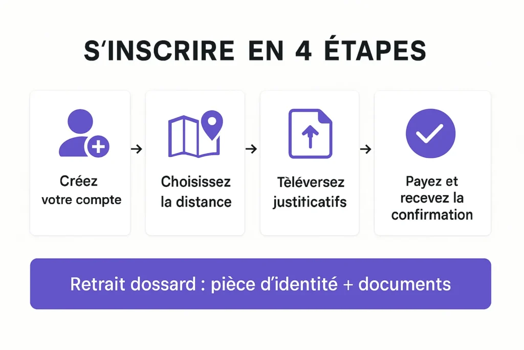 Schéma des 4 étapes d’inscription et retrait des dossards