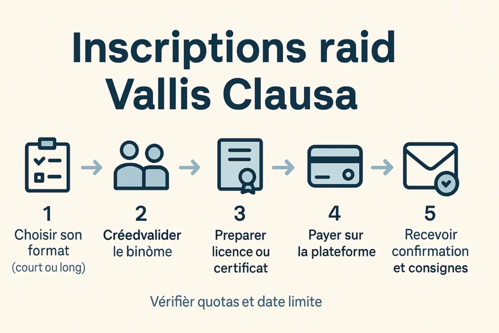Étapes d’inscription au raid en 5 points avec icônes