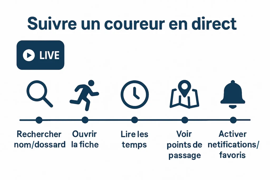 Étapes du live tracking : recherche, fiche, pointages et suivi