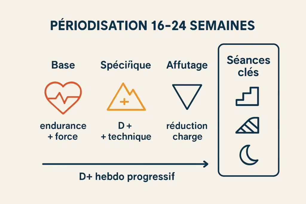 Schéma de périodisation base, spécifique et affûtage pour ultra-trail