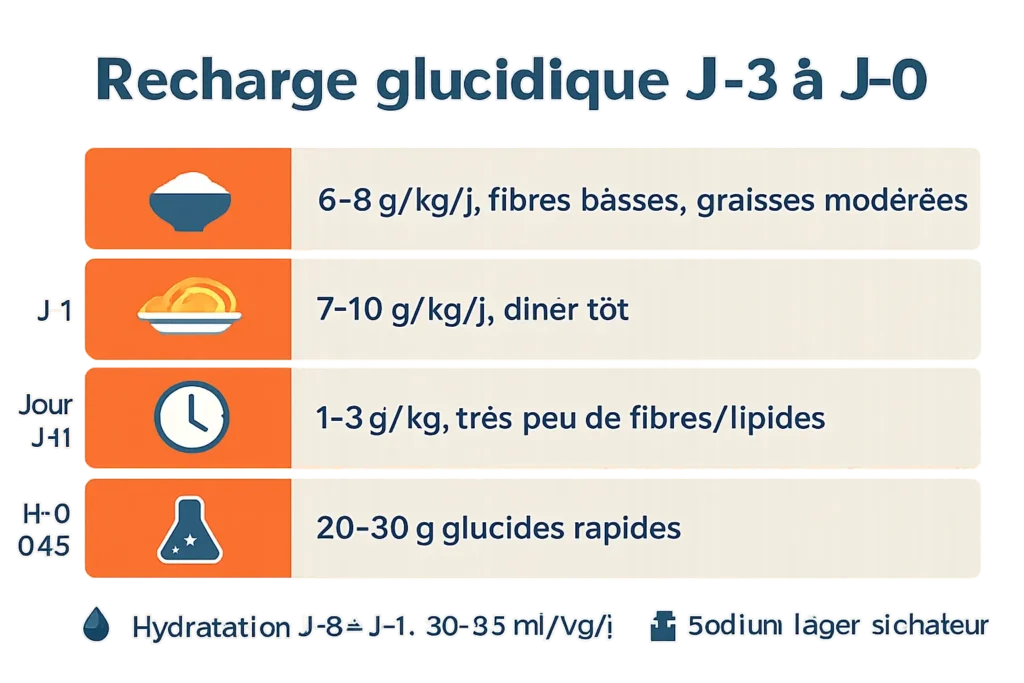 Repères de recharge glycogénique J-3 à J-0 et timing pré-course