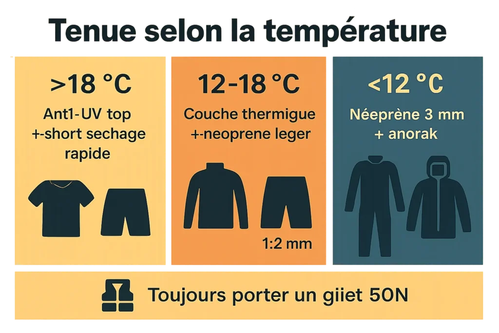 Tenue canoë par température et rappel gilet 50N