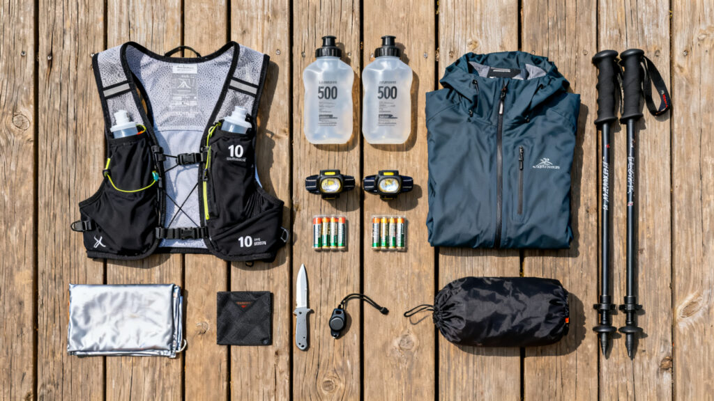 Gilet, flasques, frontales, bâtons et sécurité pour ultra-trail
