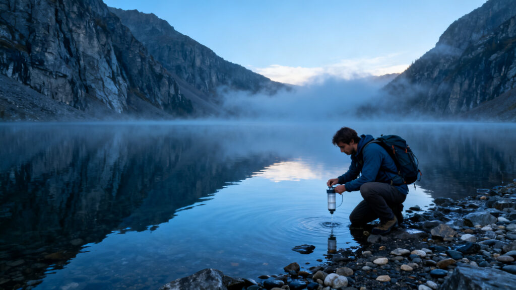 Randonneur filtrant l’eau au bord d’un lac sous falaises alpines