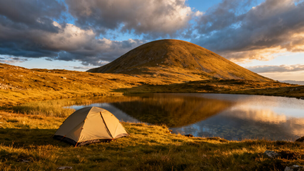 Bivouac près d’un lac d’altitude face à un sommet arrondi